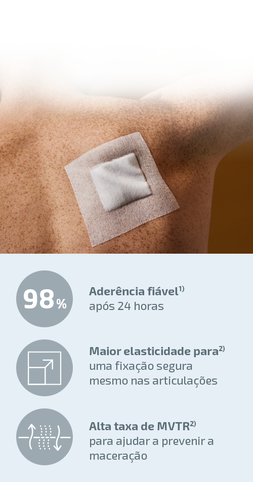 Grande plano do penso Hypafix a fixar uma gaze numa articulação e imagem a mostrar os benefícios do Hypafix: adesão fiável, maior flexibilidade, taxa elevada de MVTR. Grande plano do penso Hypafix a fixar uma gaze numa articulação e imagem a mostrar os benefícios do Hypafix: adesão fiável, maior flexibilidade, taxa elevada de MVTR.